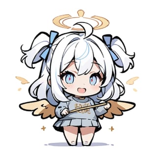  chibi, masterpiece, best quality,1girl, angel, (white hair), long curly hair, (two side up),blue eyes, (two blue ribbons on her hair), ((Double golden halo on her head)), choker, ((angel wings)), ahoge, full body, cute smile, best smile, open mouth, Wearing grey Hooded T-shirt, long sleeves, pleated skirt, (holding a pair of huge chopsticks), ,masterpiece,simple background, ,