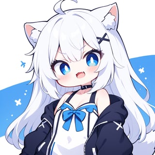 (chibi style), {{{masterpiece}}}, {{{best quality}}}, {{ultra-detailed}}, {beautiful detailed eyes},1girl, solo,  ((white hair)), very long hair, blue eyes, (straight hair), (bangs), animal ears, (stoat ears:1.2), Choker, ahoge, fangs, (big stoat Tail:1.2), (X hairpin), (White sleeveless collared dress, (Two-piece dress), (blue chest bow)), (black hooded oversized jacket:1.2), (Jacket zipper half zipped), (Off the shoulders), ((shadow face:1.2)), (angry eyes), (closed mouth), upper body,chibi emote style,chibi,emote, cute,