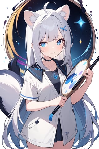 A very beautiful anime girl, 1girl, stoat girl, solo,  ((white hair)), very long hair, blue eyes, (straight hair), (bangs), animal ears, (stoat ears:1.2),
 Choker, ahoge, yaeba, (big white stoat Tail:1.2), (blue X hairpin),wearing a very casual outfit, white background, holding a big paintbrush, holding palette, the girl is drawing a line of ink in the air as if it were a canvas, front view, looking away, smiling, shining gaze, masterpiece quality, stunning image, colorful,ink paint,Ink art