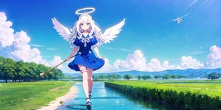  (Best Picture Quality, High Quality, Best Picture Score: 1.3), , Perfect Beauty Score: 1.5, long hair, 1 angel girl, (solo), ((white hair)), (long curly hair), blue eyes, ((two blue ribbons on her hair)), (Double golden halo on her head), (angel wings), (cute outfit), wearing blue one piece dress, (Ride a flying broomstick), fly in the air, country town, (full_body), beautiful, cute, masterpiece, best quality,perfect light,