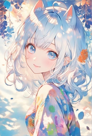 A masterpiece,1girl, stoat girl, solo,  ((white hair)), very long hair, blue eyes, (straight hair), (bangs), animal ears, (stoat ears:1.2),
 Choker, ahoge, yaeba, (big white stoat Tail:1.2), (blue X hairpin), (Animated artwork depicting a smiling girl's face in a collage of vibrant abstract colors and patterns). (The composition contains various fractal curve patterns), all in bright and contrasting colors, very delicate and beautiful, 8K, ultra-fine pointillism, indescribable atmosphere, (papercut style: 1.2),ink paint