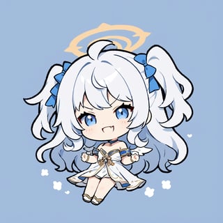 chibi, sd, masterpiece, made by a master, 4k, perfect anatomy, perfect details, best quality, high quality, lots of detail.
1girl, (angel), (white hair), long curly hair, (two side up), blue eyes,  (curly hair:1.2), (wavy hair), (hair curls), (bangs), (two side up), two (blue) hair ties on head, (Double golden halo on her head), choker, ((angel wings)), ahoge, White dress with blue trim, single, looking at camera, smiling, fang, happy, slightly angry, chibi, Emote Chibi.
simple background, Line,cute comic,simple background, flat color,chibi,Cute girl,dal,Emote Chibi