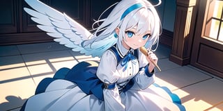 vibrant colors, female, masterpiece, sharp focus, best quality, depth of field, cinematic lighting, ((solo, one woman )), (illustration, 8k CG, extremely detailed), masterpiece, ultra-detailed,
1angel, (white hair), long curly hair, blue eyes, (two blue ribbons on her hair), (Double golden halo on her head), angel wings, dress, cute outfit, Sitting on a seat, eating ice cream, best smile, cute face, perfect light,1girl white hair blue eyes x hair ornament