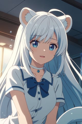 high detail, Smooth, sharp lines, score_9_up, score_8_up, detailed, masterpiece, super cute style, 1girl, stoat girl, solo,  ((white hair)), very long hair, blue eyes, (straight hair), (bangs), animal ears, (stoat ears:1.2),
 Choker, ahoge, yaeba, (big white stoat Tail:1.2), (blue X hairpin), solo, silver hair, white hair, (flirty, smug, eyebrow_raise), open mouth, close up, face, white shirt, button up shirt, blue bowtie, pretty lips, medium breasts, underwater, blue eyes, blue hair ribbon, short sleeves, bubbles, bedroom_eyes, swept_bangs, low-angle view,anime screencap,score_anime