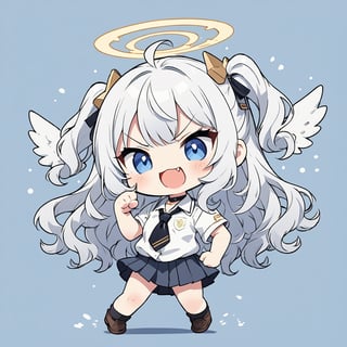 chibi, sd, masterpiece, made by a master, 4k, perfect anatomy, perfect details, best quality, high quality, lots of detail.
(solo),1girl, ((angel)), ((white hair)), long curly hair, (two side up), blue eyes,  (curly hair:1.2), (wavy hair), (hair curls), (bangs), (two side up), two ((blue)) hair ties on head, (Double golden halo on her head), choker, ((angel wings)), ahoge, school uniform,white shirt, black tie, Black pleated skirt, punching, single, open mouth, looking at viewer, smiling,((>_<)), fang, happy, slightly angry, chibi, Emote Chibi. simple background, Line,cute comic,simple background, flat color,chibi,Cute girl,dal,Emote Chibi,chibi style,Chibi Style,lineart,Comic Book-Style 2d,2d,