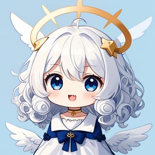 cute, kawaii, chibi, 1girl, angel, ((white hair)), long curly hair, (two side up), blue eyes,  (curly hair:1.2), (wavy hair), (hair curls), (bangs), (two side up), two blue hair ties on head, (Double golden halo on her head), choker, angel wings, ahoge, fang, White dress with blue lace trim, anime style,chibi,maotuanzi