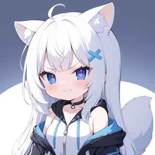 (chibi style), {{{masterpiece}}}, {{{best quality}}}, {{ultra-detailed}}, {beautiful detailed eyes},1girl, solo,  ((white hair)), very long hair, blue eyes, (straight hair), (bangs), animal ears, (stoat ears:1.2), Choker, ahoge, fangs, (big stoat Tail:1.2), (X hairpin), (White sleeveless collared dress, (Two-piece dress), (blue chest bow)), (black hooded oversized jacket:1.2), (Jacket zipper half zipped), (Off the shoulders), ((shadow face:1.2)), (angry eyes), (closed mouth), upper body,chibi emote style,chibi,emote, cute,