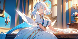 vibrant colors, female, masterpiece, sharp focus, best quality, depth of field, cinematic lighting, ((solo, one woman )), (illustration, 8k CG, extremely detailed), masterpiece, ultra-detailed,
1angel, (white hair), long curly hair, blue eyes, (two blue ribbons on her hair), (Double golden halo on her head), angel wings, dress, cute outfit, Sitting on a seat, eating  bread, best smile, cute face, perfect light,1girl white hair blue eyes x hair ornament,masterpiece