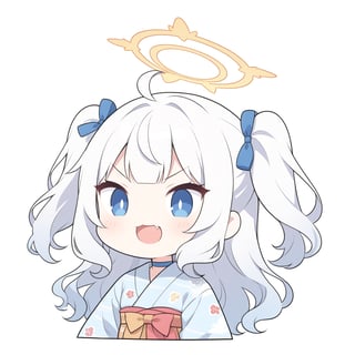 (chibi:1.3), masterpiece, made by a master, 4k, perfect anatomy, perfect details, best quality, high quality, lots of detail.
(solo), 1girl, angel, white hair, long curly hair, (two side up), blue eyes, (curly hair:1.2), (wavy hair), (hair curls), (bangs), (two side up), two blue hair ties on head, (Double golden halo on her head), bowtie choker, angel wings, ahoge, fang, (cute yukata, colorful yukata), smiling, single, (((>_<:1.4))), (upper body) ,Emote Chibi. cute comic,simple background, flat color, Cute girl,dal,Chibi Style,lineart,comic book,