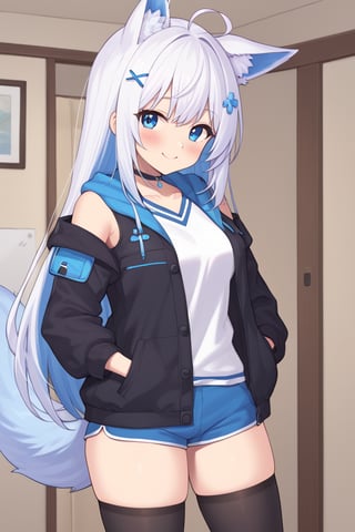 1girl, stoat girl, solo,  ((white hair)), very long hair, blue eyes, (straight hair), (bangs), animal ears, (stoat ears:1.2),
 Choker, ahoge, yaeba, (big white stoat Tail:1.2), (blue X hairpin),  solo, looking at viewer, blush, smile, bangs, blue eyes, shirt, thighhighs, long sleeves, standing, jacket, White collared sleeveless top, ahoge, multicolored hair, open clothes, shorts, black thighhighs, hood, open jacket, short shorts, hood down, black jacket, hooded jacket, blue shorts, hand in pocket