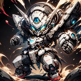 Masterpiece, 4K, ultra detailed, ((solo)), chibi style, anime style, skeleton Mecha, (MASK), (metal), dark color mecha, (fight pose), (punch), (Surrounded by electric current aura), (full body), solid background, detail, ,close viewer,ROBOT,