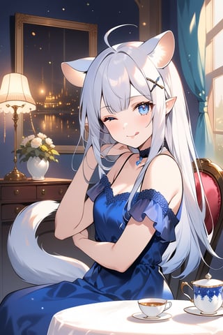 1girl, stoat girl, solo,  ((white hair)), very long hair, blue eyes, (straight hair), (bangs), animal ears, (stoat ears:1.2),
 Choker, ahoge, yaeba, (big white stoat Tail:1.2), (blue X hairpin), fine art parody, dressing evening dress, masterpiece quality, looking at viewer, smiling, upper body, sitting in chair, table, teacup, indoors, victorian palace in background, one eye closed, tongue out, close up, stunning image, light particles.,ink paint