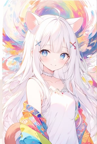 A masterpiece,1girl, stoat girl, solo,  ((white hair)), very long hair, blue eyes, (straight hair), (bangs), animal ears, (stoat ears:1.2),
 Choker, ahoge, yaeba, (big white stoat Tail:1.2), (blue X hairpin), (Animated artwork depicting a smiling girl's face in a collage of vibrant abstract colors and patterns). (The composition contains various fractal curve patterns), all in bright and contrasting colors, very delicate and beautiful, 8K, ultra-fine pointillism, indescribable atmosphere, (papercut style: 1.2),ink paint