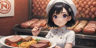 ((cartoon style)), Meat Background, anime, cute, simple_background