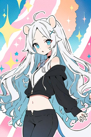 (finely best quality illustration:1.2), (kawaii girl:1.1), (1girl, solo:1), coquettish skin, stoat girl, solo,  ((white hair)), very long hair, blue eyes, (straight hair), (bangs), animal ears, (stoat ears:1.2),
 Choker, ahoge, fangs, (big stoat Tail:1.2), (blue X hairpin), (White collared sleeveless top, (midriff), blue chest bow), 
(black hooded oversized jacket:1.2), (jacket zipper half unzipped), (black short pants) (Off the shoulders),
silver hair, wavy hair, hair,

pop, candy, kawaii, watercolor medium, dramatic angle,  lowing long hair, parted bangs, grey hair, flowery bubbles, the bottom of the bottle background, sparkle, 