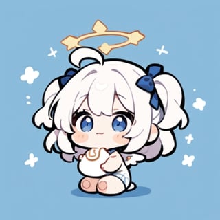  chibi, masterpiece, best quality, solo, 1girl, angel, (white hair), long curly hair, (two side up),blue eyes, (two blue ribbons on her hair), ((Double golden halo on her head)), choker, ((angel wings)), ahoge, full body, cute smile, best smile, open mouth, Wearing biue and white dress, short pants, eating egg roll , simple background,masterpiece,Chibi anime,doodle,cute comic