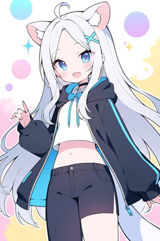 (finely best quality illustration:1.2), (kawaii girl:1.1), (1girl, solo:1), coquettish skin, stoat girl, solo,  ((white hair)), very long hair, blue eyes, (straight hair), (bangs), animal ears, (stoat ears:1.2),
 Choker, ahoge, fangs, (big stoat Tail:1.2), (blue X hairpin), (White collared sleeveless top, (midriff), blue chest bow), 
(black hooded oversized jacket:1.2), (jacket zipper half unzipped), (black short pants) (Off the shoulders),
silver hair, wavy hair, hair,

pop, candy, kawaii, watercolor medium, dramatic angle,  lowing long hair, parted bangs, grey hair, flowery bubbles, the bottom of the bottle background, sparkle, 