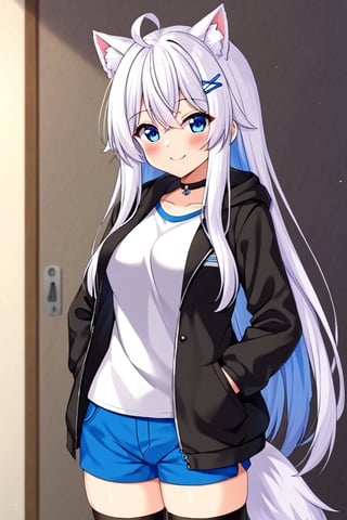 1girl, stoat girl, solo,  ((white hair)), very long hair, blue eyes, (straight hair), (bangs), animal ears, (stoat ears:1.2),
 Choker, ahoge, yaeba, (big white stoat Tail:1.2), (blue X hairpin),  solo, looking at viewer, blush, smile, bangs, blue eyes, shirt, thighhighs, long sleeves, standing, jacket, White collared sleeveless top, ahoge, multicolored hair, open clothes, shorts, black thighhighs, hood, open jacket, short shorts, hood down, black jacket, hooded jacket, blue shorts, hand in pocket,Beautiful eyes