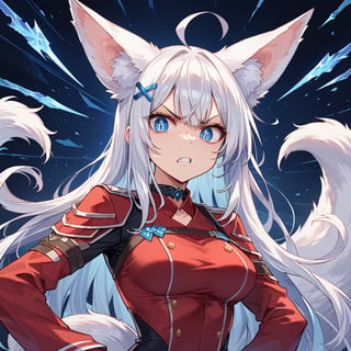 score_9, score_8_up, score_7_up, source_anime, BREAK, half_body, hand on hip, female, girl, stoat girl, solo,  ((white hair)), very long hair, blue eyes, (straight hair), (bangs), animal ears, (stoat ears:1.2),
 Choker, ahoge, yaeba, (big white stoat Tail:1.2), (blue X hairpin), slit pupils, angry, high quality, detailed face, detailed eyes, beautiful eyes, masterpiece, solo, solo_image, best quality, masterpiece,