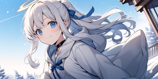 Anime-style illustration depicting a Japanese winter sky scene. A clear winter sky. A young girl,1angel, (white hair), long curly hair, blue eyes, (two blue ribbons on her hair), (Double golden halo on her head), ((angel wings)), ponytail, dress, cute outfit, best smile, running, cute face, wearing a choker and a hooded winter coat. The perspective is from below, focusing on the girl, the street lamp against the clear winter sky.