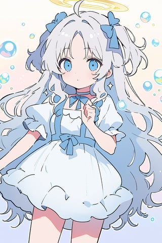 (finely best quality illustration:1.2), (kawaii girl:1.1), (1girl, solo:1), coquettish skin,  angel, white hair, long curly hair, (two side up), blue eyes, two blue bows on head, (Double golden halo on her head), choker, angel wings on back, ahoge, 
silver hair, wavy hair, hair,
pop, candy, kawaii, watercolor medium, dramatic angle,  lowing long hair, parted bangs, grey hair, flowery bubbles, the bottom of the bottle background, sparkle, 