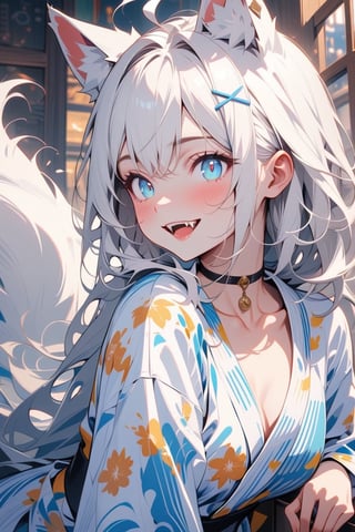  {{{masterpiece}}}, {{{best quality}}}, {{ultra-detailed}}, {beautiful detailed eyes},1girl, stoat girl, solo,  ((white hair)), very long hair, blue eyes, (straight hair), (bangs), animal ears, (stoat ears:1.2), Choker, ahoge, fangs, (big white fox Tail:1.2), (blue X hairpin), (cute yukata, colorful yukata), smiling, Beautiful eyes