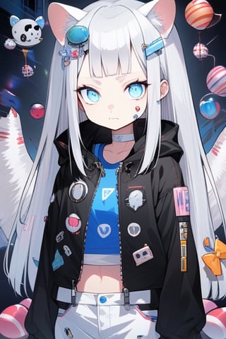 animal ear fluff, animal ears, 1girl, solo,  ((white hair)), very long hair, blue eyes, (straight hair), (bangs), animal ears, (stoat ears:1.2), Choker, ahoge, fangs, (big stoat Tail:1.2), (blue X hairpin), (White sleeveless collared dress, (midriff), blue chest bow), (black hooded oversized jacket:1.2), (jacket zipper half unzipped), (Off the shoulders), candy, food print, highres, holding, multiple girls, multiple tails,,tail,girl ,anime ,cr33p