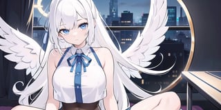 vibrant colors, female, masterpiece, sharp focus, best quality, depth of field, cinematic lighting, ((solo, one woman )), (illustration, 8k CG, extremely detailed), masterpiece, ultra-detailed,
1angel, (white hair), long curly hair, blue eyes, (two blue ribbons on her hair), (Double golden halo on her head), angel wings, Sitting on a seat, look to the sky,perfect light,Crop top overhang,white noveau