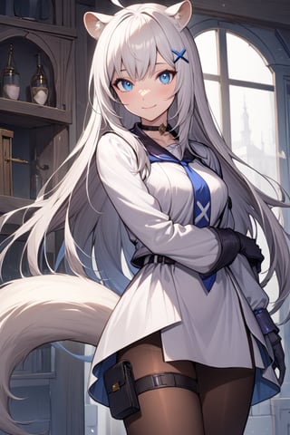 1girl, stoat girl, solo,  ((white hair)), very long hair, blue eyes, (straight hair), (bangs), animal ears, (stoat ears:1.2),
 Choker, ahoge, yaeba, (big white stoat Tail:1.2), (blue X hairpin), solo, long hair, breasts, looking at viewer, smile, bangs, blue eyes, skirt, gloves, long sleeves, dress, medium breasts, very long hair, closed mouth, standing, jacket, white hair, pantyhose, cowboy shot, hairband, necktie, black gloves, indoors, white dress, window, thigh strap, brown pantyhose, blue necktie, holster, thigh holster