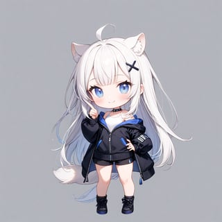 1girl, stoat girl, solo,  ((white hair)), very long hair, blue eyes, (straight hair), (bangs), animal ears, (stoat ears:1.2),
 Choker, ahoge, yaeba, (big white stoat Tail:1.2), (blue X hairpin), solo, long hair, looking at viewer, sticker image, blush, smile, bangs, blue eyes, skirt, simple background, shirt, white background, bow, animal ears, very long hair, closed mouth, standing, tail, full body, no shoes, hand up, chibi, animal ear fluff, hand on hip, (White collared sleeveless top, (midriff), blue chest bow), (black hooded oversized jacket:1.2), (jacket zipper half unzipped), (black short pants) (Off the shoulders),  index finger raised, extra ears, 