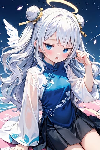 cute, (masterpiece), (best quality), thin, Flatchested, 1girl, angel, white hair, long curly hair, (two side up), blue eyes,  (curly hair:1.2), (wavy hair), (hair curls)
, (bangs), (two side up), two blue hair ties on head, (Double golden halo on her head), bowtie choker, angel wings, ahoge, fang, solo, (bun hair) , fantai12, (black skirt), (pink cheongsam), (messy hair),fantai12, expression,pastel