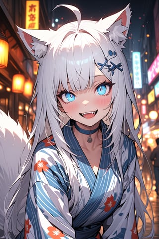  {{{masterpiece}}}, {{{best quality}}}, {{ultra-detailed}}, {beautiful detailed eyes},1girl, stoat girl, solo,  ((white hair)), very long hair, blue eyes, (straight hair), (bangs), animal ears, (stoat ears:1.2), Choker, ahoge, fangs, (big white fox Tail:1.2), (blue X hairpin), (cute yukata, colorful yukata), smiling, Beautiful eyes,