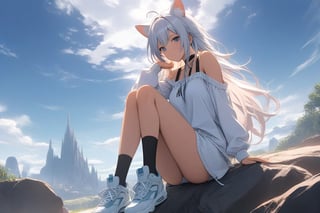 Masterpiece, Top Quality, High Definition, Artistic Composition,1girl, stoat girl, solo,  ((white hair)), very long hair, blue eyes, (straight hair), (bangs), animal ears, (stoat ears:1.2),
 Choker, ahoge, yaeba, (big white stoat Tail:1.2), (blue X hairpin), smiling, soles of feet, t-shirt, jean shorts, sitting on stone, mountains, river, blue sky, from below,  tanned, blue sky, bold composition