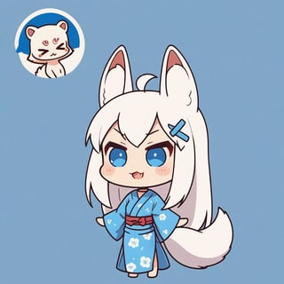 (chibi:1.3), masterpiece, made by a master, 4k, perfect anatomy, perfect details, best quality, high quality, lots of detail.
(solo),1girl, ((stoat girl)), solo,  ((white hair)), very long hair, blue eyes, (straight hair), (bangs), animal ears, (stoat ears:1.2), Choker, ahoge, cute_fang, (big Fox Tail:1.2), (blue X hairpin), (cute yukata, colorful yukata), smiling, single, (((>_<:1.4))), (upper body) ,Emote Chibi. cute comic,simple background, flat color, Cute girl,dal,Chibi Style,lineart,comic book,