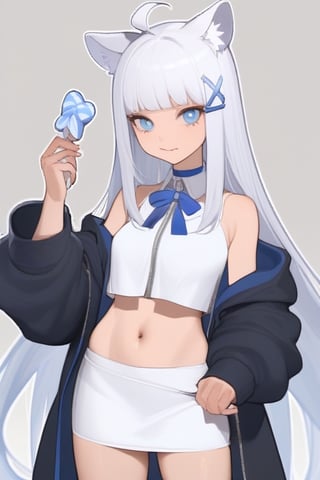 animal ear fluff, animal ears, 1girl, solo,  ((white hair)), very long hair, blue eyes, (straight hair), (bangs), animal ears, (stoat ears:1.2), Choker, ahoge, fangs, (big stoat Tail:1.2), (blue X hairpin), (White sleeveless collared dress, (midriff), blue chest bow), (black hooded oversized jacket:1.2), (jacket zipper half unzipped), (Off the shoulders), candy, food print, highres, holding, multiple girls, multiple tails,,tail,txznmec