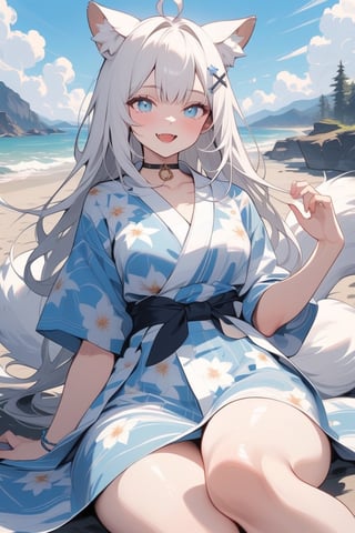  {{{masterpiece}}}, {{{best quality}}}, {{ultra-detailed}}, {beautiful detailed eyes},1girl, stoat girl, solo,  ((white hair)), very long hair, blue eyes, (straight hair), (bangs), animal ears, (stoat ears:1.2), Choker, ahoge, fangs, (big white fox Tail:1.2), (blue X hairpin), (cute yukata, colorful yukata), smiling, Beautiful eyes