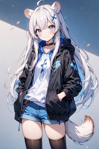 1girl, stoat girl, solo,  ((white hair)), very long hair, blue eyes, (straight hair), (bangs), animal ears, (stoat ears:1.2),
 Choker, ahoge, yaeba, (big white stoat Tail:1.2), (blue X hairpin),  solo, looking at viewer, blush, smile, bangs, blue eyes, shirt, thighhighs, long sleeves, standing, jacket, White collared sleeveless top, ahoge, multicolored hair, open clothes, shorts, black thighhighs, hood, open jacket, short shorts, hood down, black jacket, hooded jacket, blue shorts, hand in pocket,Beautiful eyes