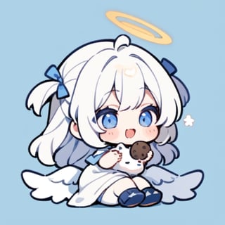  chibi, masterpiece, best quality, solo, 1girl, angel, (white hair), long curly hair, (two side up),blue eyes, (two blue ribbons on her hair), ((Double golden halo on her head)), choker, ((angel wings)), ahoge, full body, cute smile, best smile, open mouth, Wearing biue and white dress, short pants, eating cat cookie , simple background,masterpiece,Chibi anime,doodle,cute comic