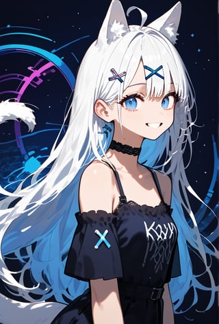 A masterpiece,1girl, stoat girl, solo,  ((white hair)), very long hair, blue eyes, (straight hair), (bangs), animal ears, (stoat ears:1.2),
 Choker, ahoge, yaeba, (big white stoat Tail:1.2), (blue X hairpin), (Animated artwork depicting a smiling girl's face in a collage of vibrant abstract colors and patterns). (The composition contains various fractal curve patterns), all in bright and contrasting colors, very delicate and beautiful, 8K, ultra-fine pointillism, indescribable atmosphere, (papercut style: 1.2),ink paint