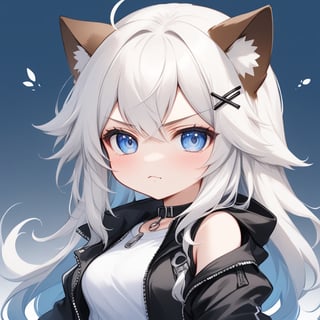 (chibi style), {{{masterpiece}}}, {{{best quality}}}, {{ultra-detailed}}, {beautiful detailed eyes},1girl, solo,  ((white hair)), very long hair, blue eyes, (straight hair), (bangs), animal ears, (stoat ears:1.2), Choker, ahoge, fangs, (big stoat Tail:1.2), (X hairpin), (White sleeveless collared dress, (Two-piece dress), (blue chest bow)), (black hooded oversized jacket:1.2), (Jacket zipper half zipped), (Off the shoulders), ((shadow face:1.2)), (angry eyes), (closed mouth), upper body,chibi emote style,chibi,emote, cute,