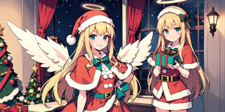  (Best Picture Quality, High Quality, Best Picture Score: 1.3), , Perfect Beauty Score: 1.5, long hair, 1girl, solo, angel, white long curly hair, blue eyes, two blue ribbons on her hair, (Double golden halo on her head), (angel wings), (cute outfit), beautiful, cute, stylish cafe, best smile, Christmas,(( Decorate Santa Claus' house)), fine decorations, lots of presents,masterpiece,best quality