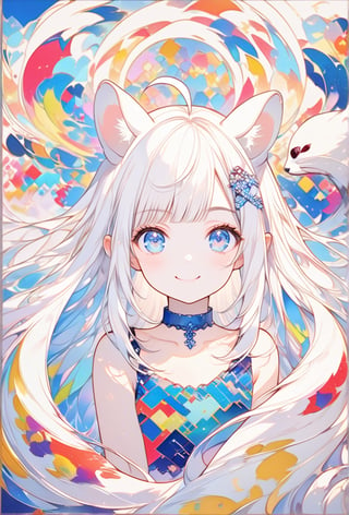 A masterpiece,1girl, stoat girl, solo,  ((white hair)), very long hair, blue eyes, (straight hair), (bangs), animal ears, (stoat ears:1.2),
 Choker, ahoge, yaeba, (big white stoat Tail:1.2), (blue X hairpin), (Animated artwork depicting a smiling girl's face in a collage of vibrant abstract colors and patterns). (The composition contains various fractal curve patterns), all in bright and contrasting colors, very delicate and beautiful, 8K, ultra-fine pointillism, indescribable atmosphere, (papercut style: 1.2),ink paint