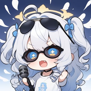 (chibi style), {{{masterpiece}}}, {{{best quality}}}, {{ultra-detailed}}, {beautiful detailed eyes}. 1girl, angel, white hair, long curly hair, (two side up), blue eyes,  (curly hair:1.2), (wavy hair), (hair curls), (bangs), (two side up), two blue hair ties on head, (Double golden halo on her head), choker, angel wings, ahoge, fang, (white T-shirt), (rapping), (black sunglasses), (microphone), upper body,chibi emote style,chibi,emote, cute,Emote Chibi,anime,cute comic,