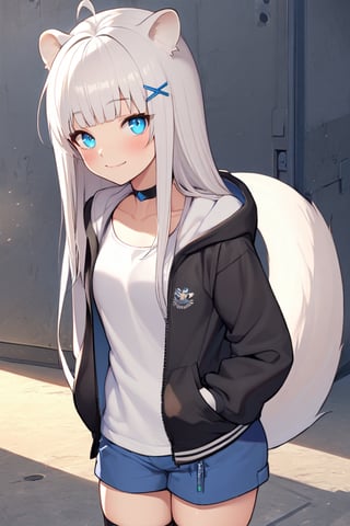 1girl, stoat girl, solo,  ((white hair)), very long hair, blue eyes, (straight hair), (bangs), animal ears, (stoat ears:1.2),
 Choker, ahoge, yaeba, (big white stoat Tail:1.2), (blue X hairpin),  solo, looking at viewer, blush, smile, bangs, blue eyes, shirt, thighhighs, long sleeves, standing, jacket, White collared sleeveless top, ahoge, multicolored hair, open clothes, shorts, black thighhighs, hood, open jacket, short shorts, hood down, black jacket, hooded jacket, blue shorts, hand in pocket