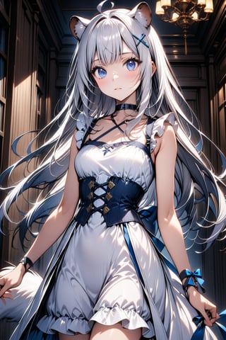 1girl, stoat girl, solo,  ((white hair)), very long hair, blue eyes, (straight hair), (bangs), animal ears, (stoat ears:1.2),
 Choker, ahoge, yaeba, (big white stoat Tail:1.2), (blue X hairpin), solo, long hair, breasts, looking at viewer, bangs, hair ornament, no sleeves, dress, ribbon, medium breasts, closed mouth, frills, parted lips, hairclip, indoors, white dress, blue ribbon, neck blue ribbon, floating hair, corset