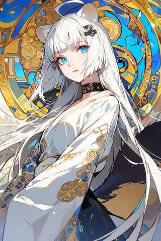 A beautiful girl, 1girl, stoat girl, solo,  ((white hair)), very long hair, blue eyes, (straight hair), (bangs), animal ears, (stoat ears:1.2),
 Choker, ahoge, yaeba, (big white stoat Tail:1.2), (blue X hairpin), dynamic character, detailed exquisite face, bold high quality, high contrast, patchwork, vibrant colors, looking at viewer, intricate gold patterns, swirling motifs, (Gustav Klimt and Mucha and Caravaggio style artwork),art_booster, 