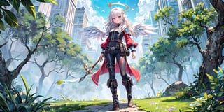  (Best Picture Quality, High Quality, Best Picture Score: 1.3), , Perfect Beauty Score: 1.5, long hair, 1 angel girl, (solo), ((white hair)), (long curly hair), blue eyes, ((two blue ribbons on her hair)), (Double golden halo on her head), (angel wings), (cute outfit), wearin explorer clothing, gadventure clothing, adventure wear, adventure pants, Going on an adventure, many wild animals, on an isolated island, (full_body), beautiful, cute, masterpiece, best quality,perfect light,