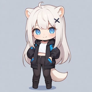 1girl, stoat girl, solo,  ((white hair)), very long hair, blue eyes, (straight hair), (bangs), animal ears, (stoat ears:1.2),
 Choker, ahoge, yaeba, (big white stoat Tail:1.2), (blue X hairpin), solo, long hair, looking at viewer, sticker image, blush, smile, bangs, blue eyes, skirt, simple background, shirt, white background, bow, animal ears, very long hair, closed mouth, standing, tail, full body, no shoes, hand up, chibi, animal ear fluff, hand on hip, (White collared sleeveless top, (midriff), blue chest bow), (black hooded oversized jacket:1.2), (jacket zipper half unzipped), (black short pants) (Off the shoulders),  index finger raised, extra ears, 