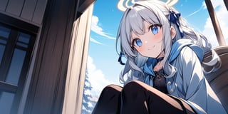 Anime-style illustration depicting a Japanese winter sky scene. A clear winter sky. A young girl,1angel, (white hair), long curly hair, blue eyes, (two blue ribbons on her hair), (Double golden halo on her head), angel wings, dress, cute outfit, Sitting on a seat, best smile, cute face, wearing a choker and a hooded winter coat. The perspective is from below, focusing on the girl, the street lamp against the clear winter sky.