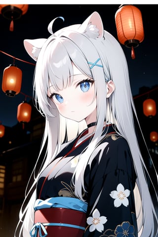 1girl, stoat girl, solo,  ((white hair)), very long hair, blue eyes, (straight hair), (bangs), animal ears, (stoat ears:1.2),
 Choker, ahoge, yaeba, (big white stoat Tail:1.2), (blue X hairpin), solo, long hair, looking at viewer, blush, bangs,  closed mouth, upper body, outdoors, japanese clothes, sky, choker, blurry, night, floral print, building, lantern, paper lantern,Japanese pattern